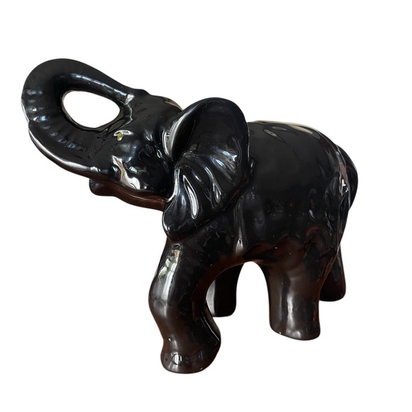 Vtg Ceramic Black Elephant Figurine Glossy Trunk Up Good Luck Prosperity MCM - Picture 2 of 5
